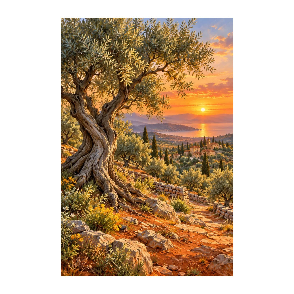 Original artwork of an olive grove and old olive trees at sunset.