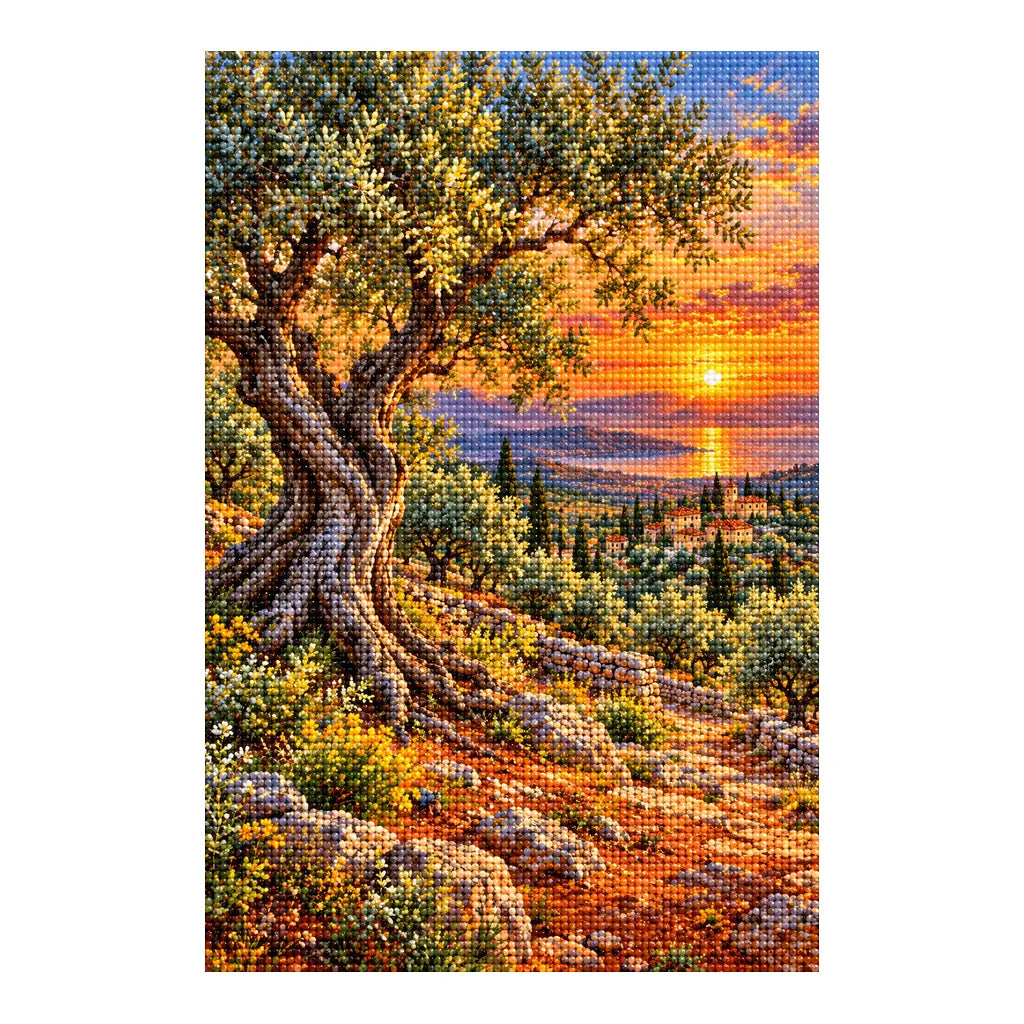 Finished diamond painting of an olive grove sunset on a white background.
