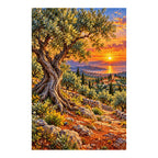 Finished diamond painting of an olive grove sunset on a white background.