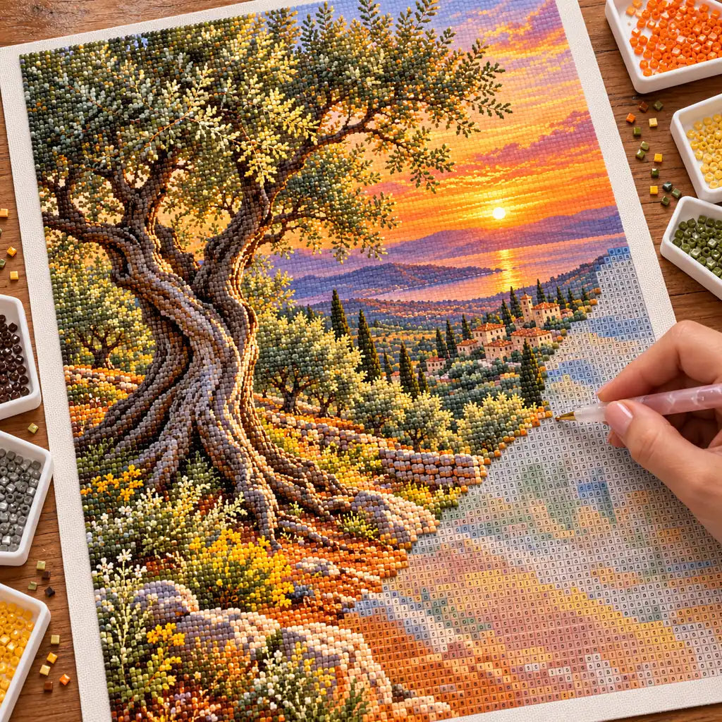 In-progress diamond painting of the olive grove sunset design.