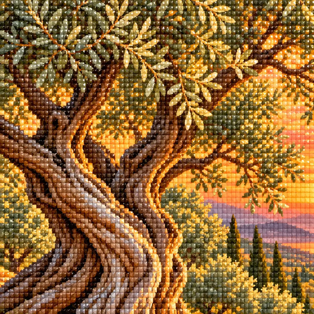 Close-up detail of drills forming the textured olive tree trunk and golden landscape.