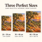 Three available sizes for the olive grove sunset design: 20 × 30, 30 × 40 and 40 × 50 cm.