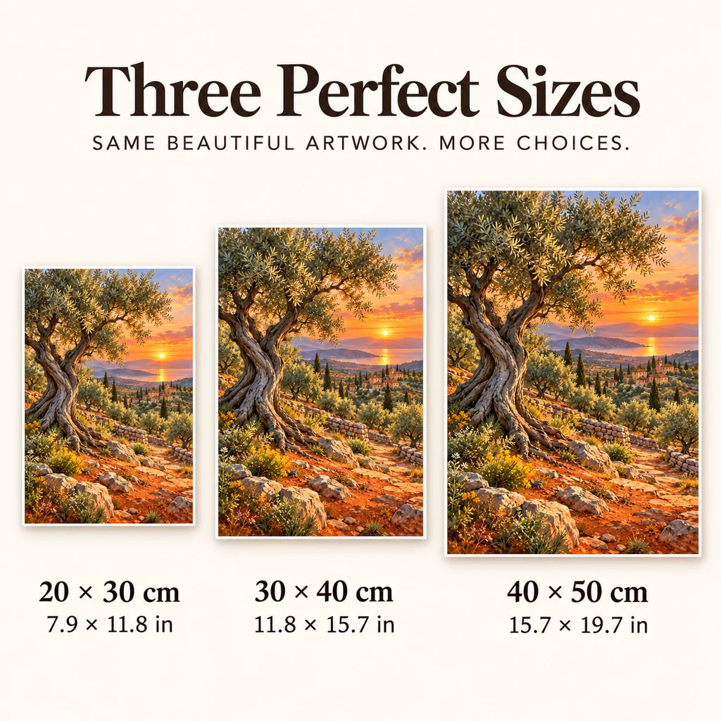 Three available sizes for the olive grove sunset design: 20 × 30, 30 × 40 and 40 × 50 cm.