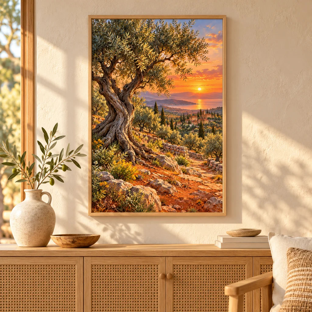 Home decor scene featuring the olive grove sunset diamond painting in a framed display.