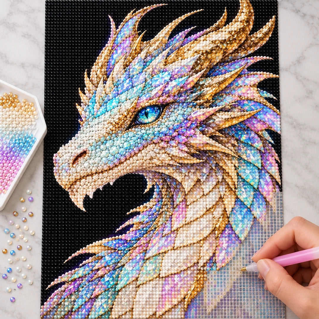 Opal Frost Mosaic Dragon diamond painting process with pen and tray