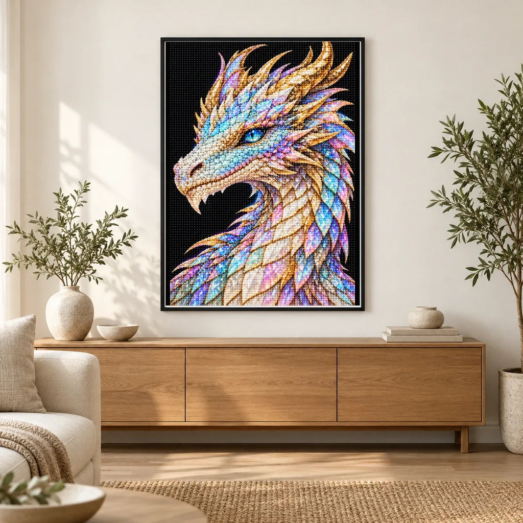 Opal Frost Mosaic Dragon finished diamond painting in a home interior