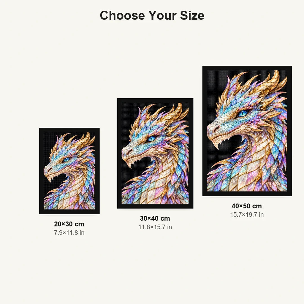 Opal Frost Mosaic Dragon 20 by 30, 30 by 40, and 40 by 50 centimeter size guide