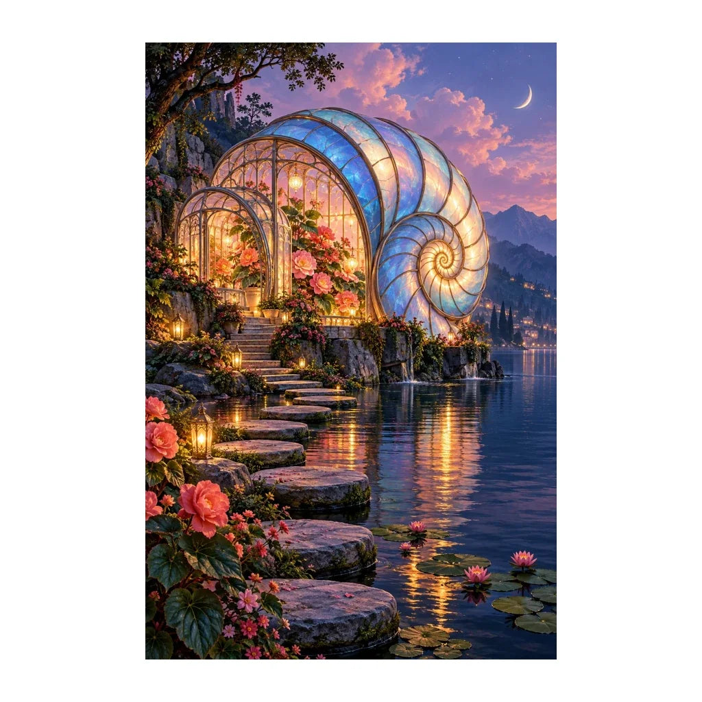 White-background original artwork of a shell-shaped glass conservatory beside a twilight lake
