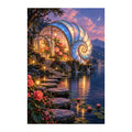 White-background original artwork of a shell-shaped glass conservatory beside a twilight lake