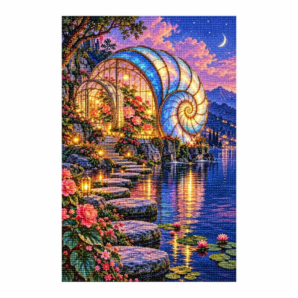 White-background finished diamond painting of an opal shell conservatory beside a twilight lake