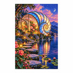 White-background finished diamond painting of an opal shell conservatory beside a twilight lake