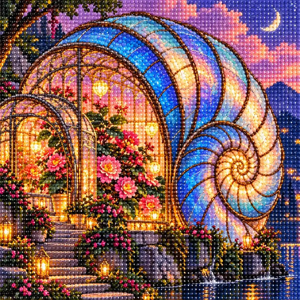 Close-up diamond drill detail on the shell conservatory and roses