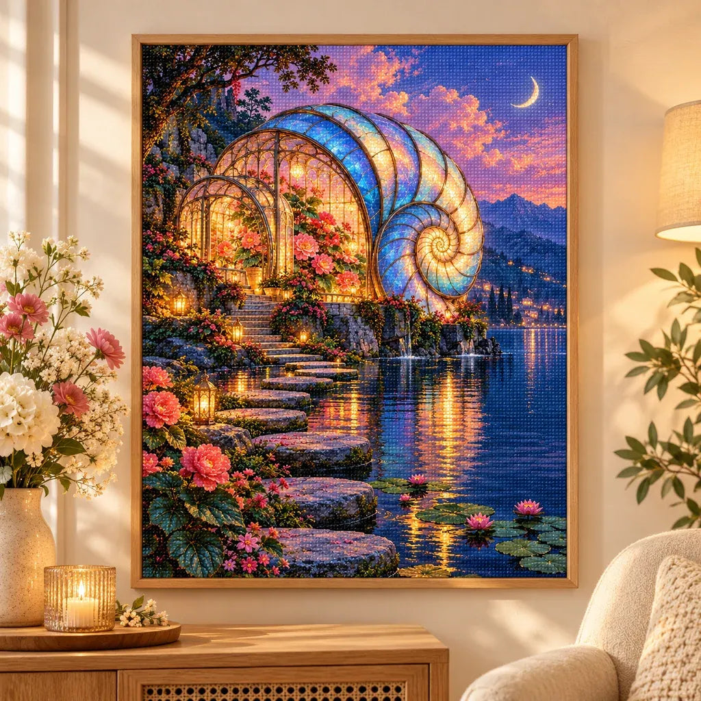 Shell conservatory diamond painting displayed in a framed home setting