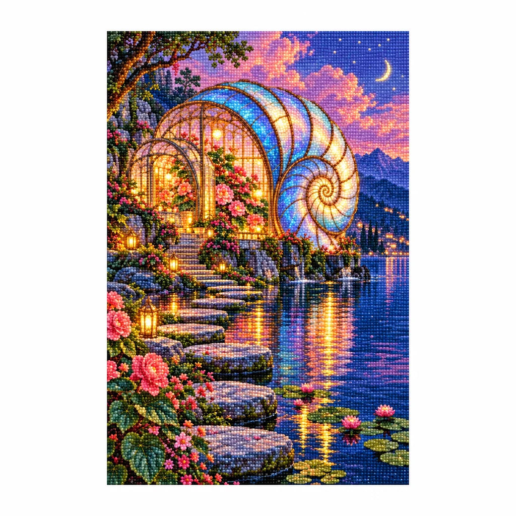 Finished diamond painting of an opal shell-shaped glass garden beside water
