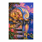 Finished diamond painting of an opal shell-shaped glass garden beside water