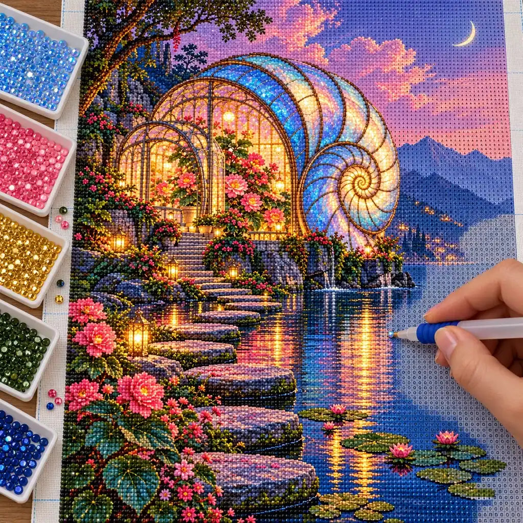 Hand placing diamond drills on the glass shell garden canvas