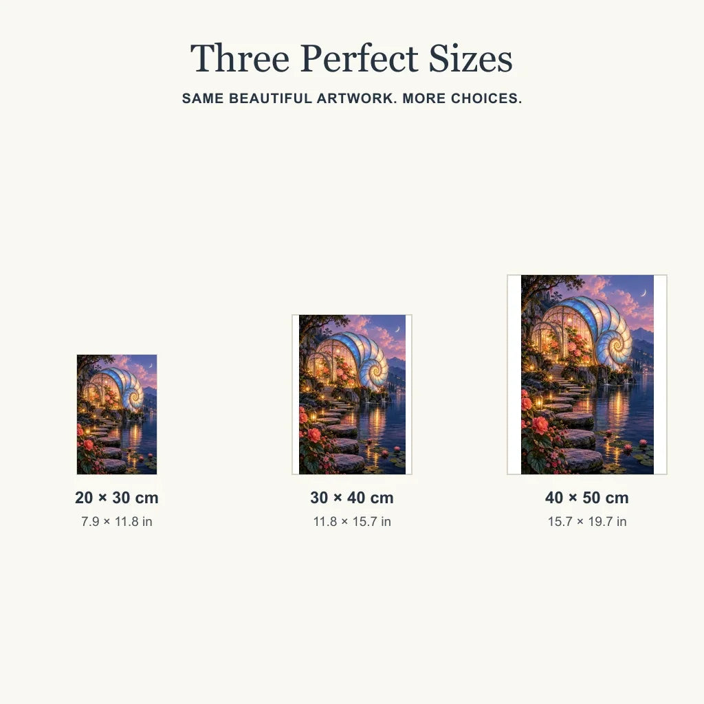 Portrait size guide for the opal shell glass garden design: 20 × 30, 30 × 40, and 40 × 50 cm