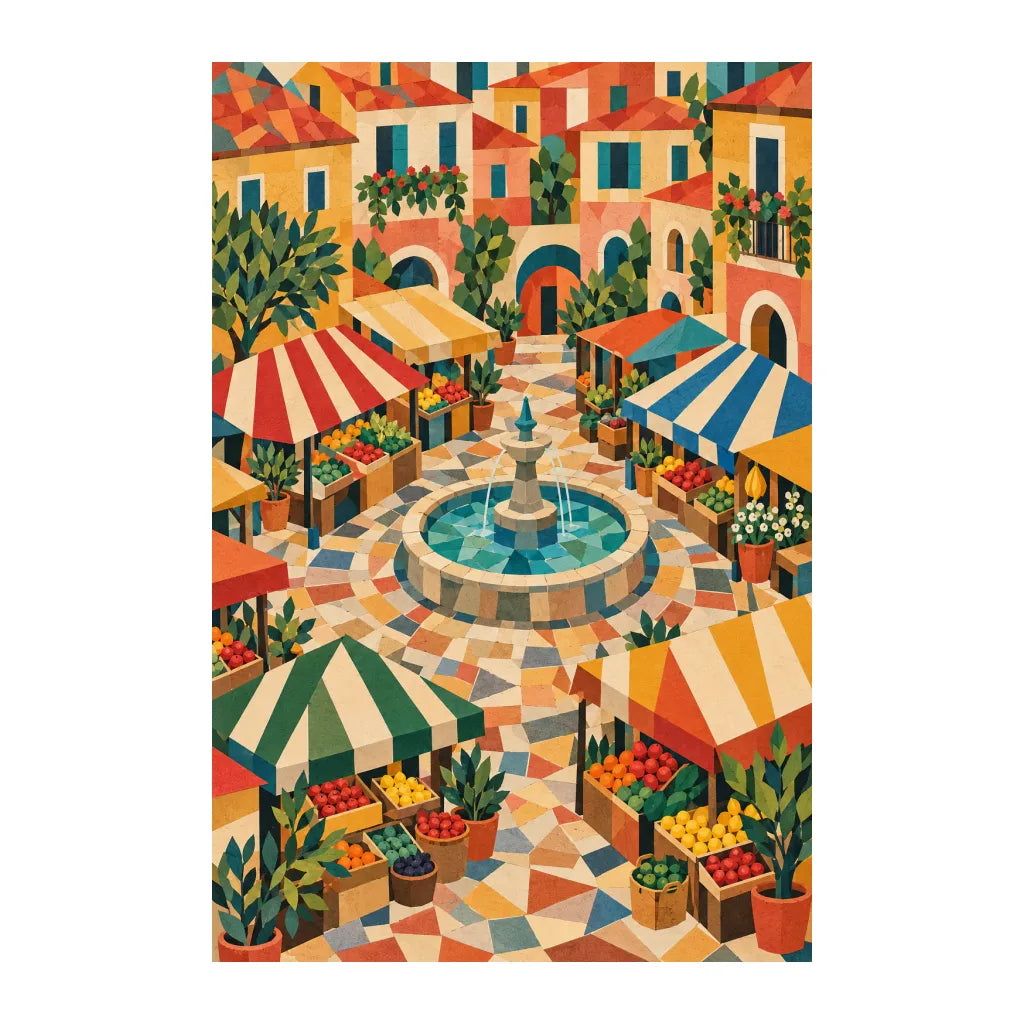 White-background original artwork of a European open-air market square with fountain and striped awnings