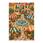 White-background finished diamond painting of a market square surrounding a fountain
