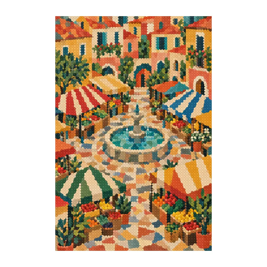 White-background finished diamond painting of a market square surrounding a fountain