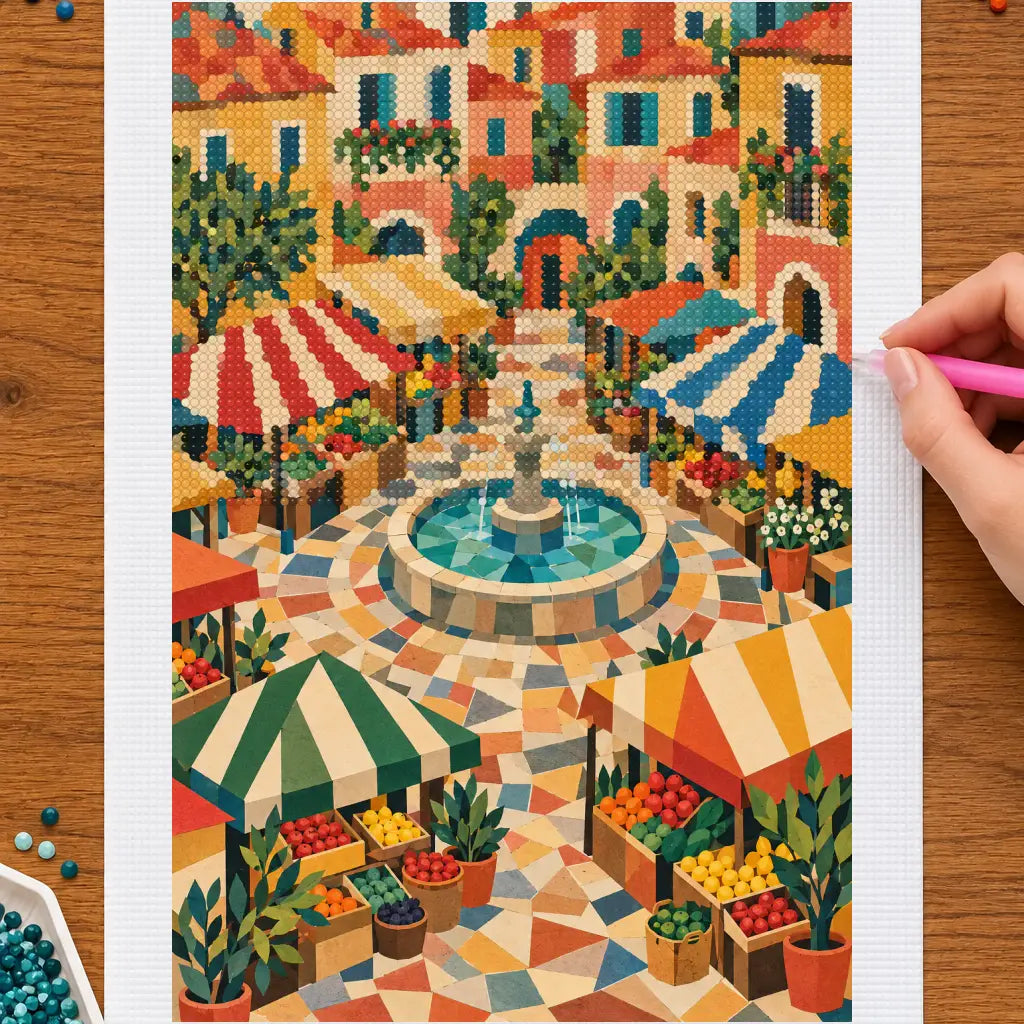 Hands placing drills on the open-air market square diamond painting canvas