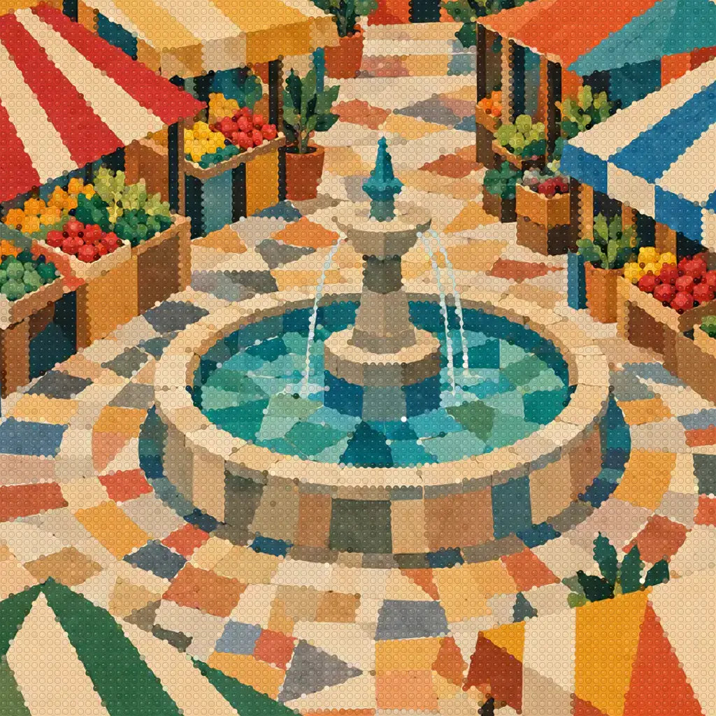 Close-up diamond detail of the fountain stones and colorful market awnings