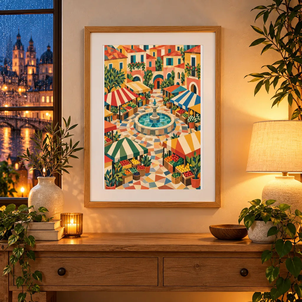 Framed home display of the open-air market square diamond painting