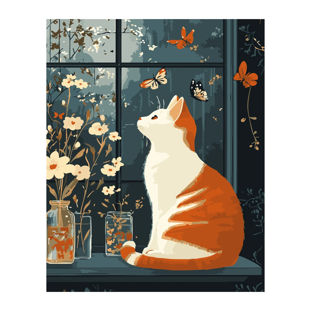 Orange Cat and Butterflies completed artwork on a clean white background