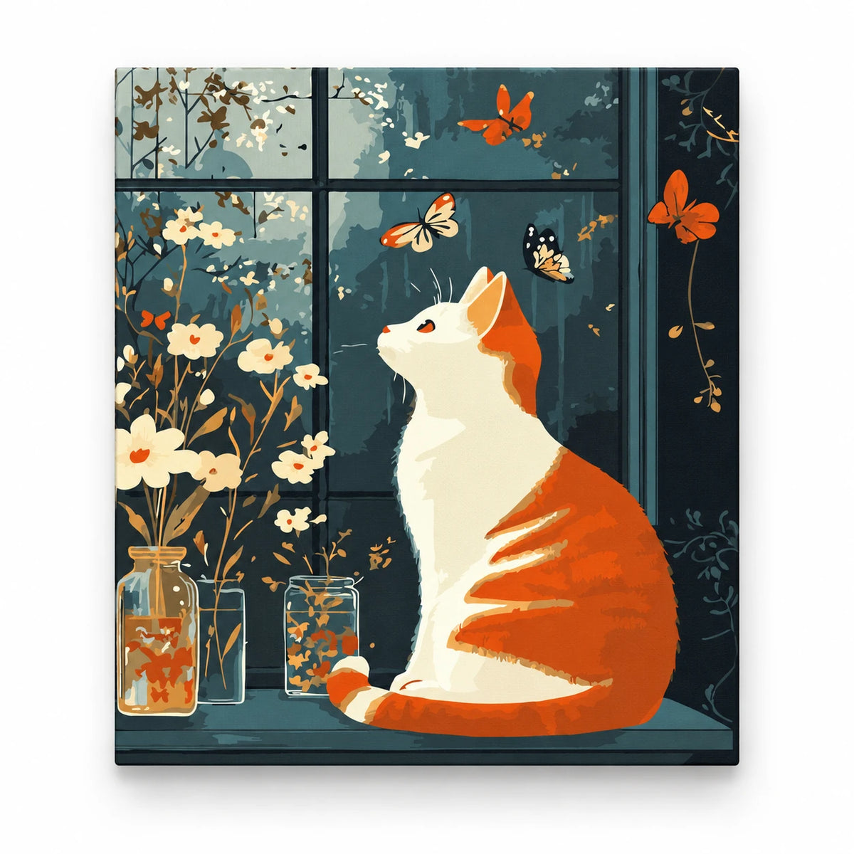 Orange Cat and Butterflies paint by numbers artwork on a front-facing canvas against a white background