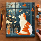 Complete Orange Cat and Butterflies numbered canvas being painted with acrylic paints and brushes
