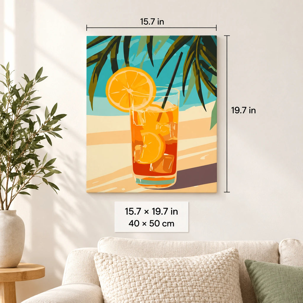 Orange Citrus Drink Under Palms shown in a styled room with 15.7 x 19.7 in and 40 x 50 cm dimensions