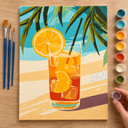 Complete Orange Citrus Drink Under Palms numbered canvas being painted with acrylic paints and brushes