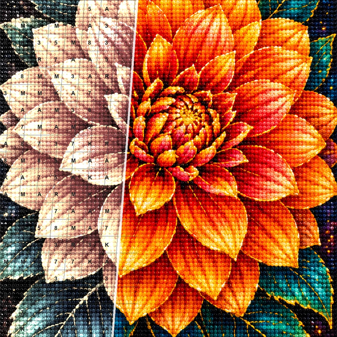 Orange Dahlia Jewel Bloom Diamond Painting Kit — Diamond and canvas detail