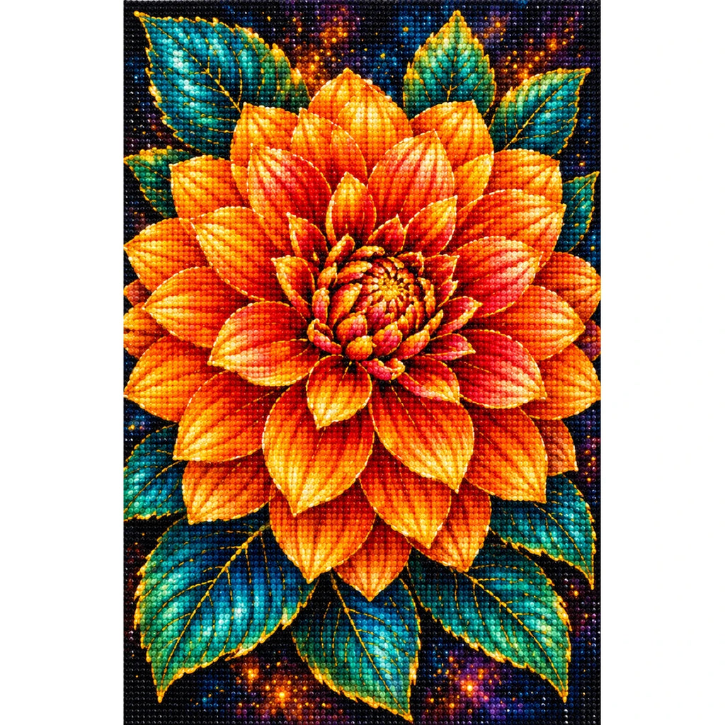 Orange Dahlia Jewel Bloom Diamond Painting Kit — Finished white-background diamond painting