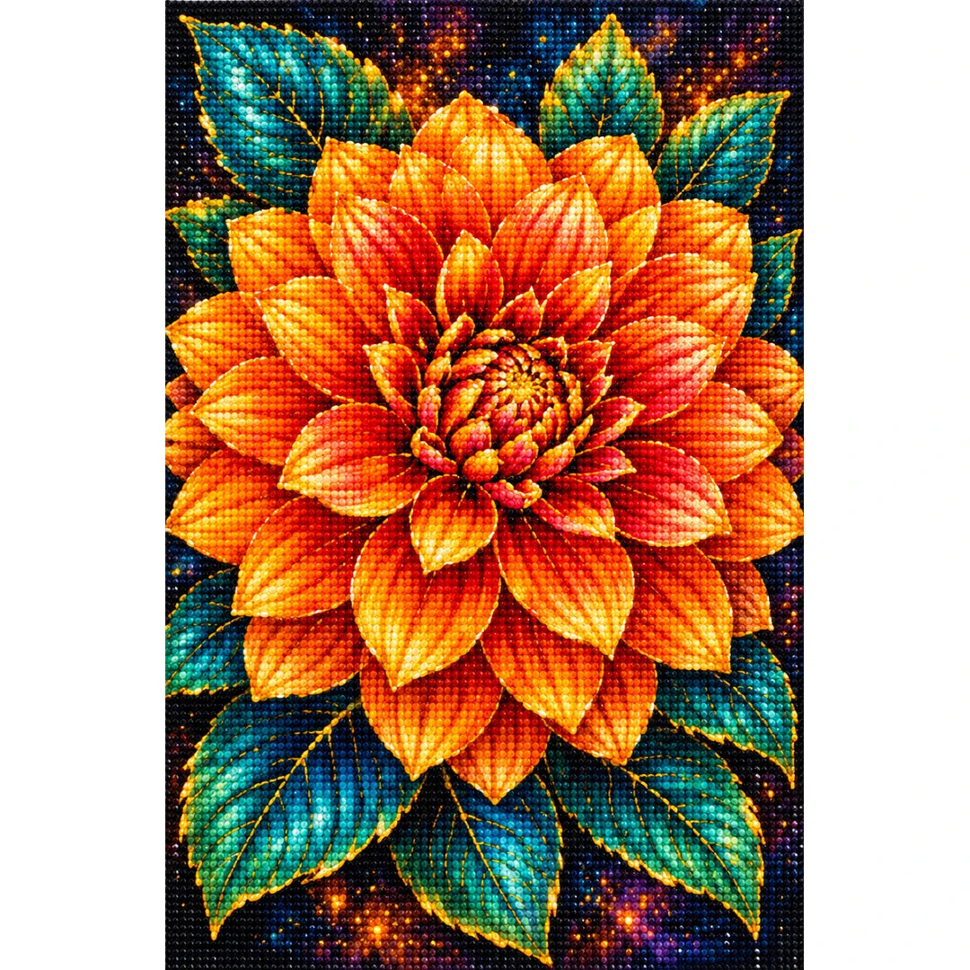 Orange Dahlia Jewel Bloom Diamond Painting Kit — Finished white-background diamond painting