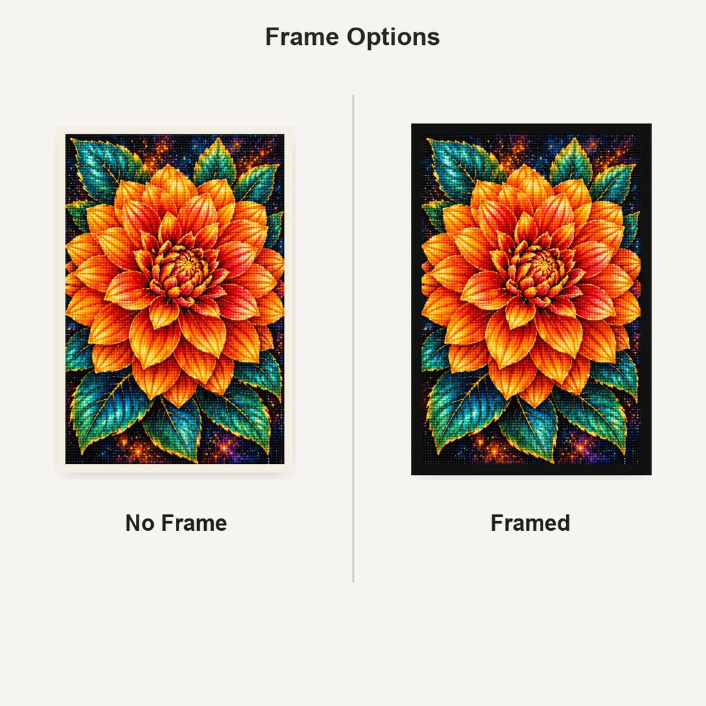 Orange Dahlia Jewel Bloom Diamond Painting Kit — No Frame and Framed comparison