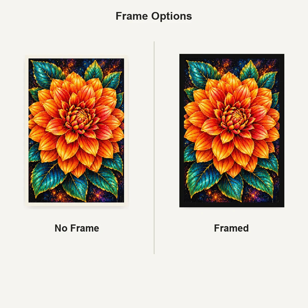 Orange Dahlia Jewel Bloom Diamond Painting Kit — No Frame and Framed comparison