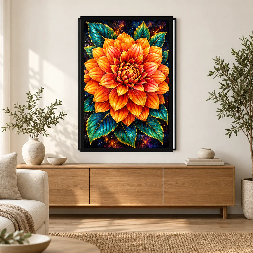 Orange Dahlia Jewel Bloom Diamond Painting Kit — Home decor scene