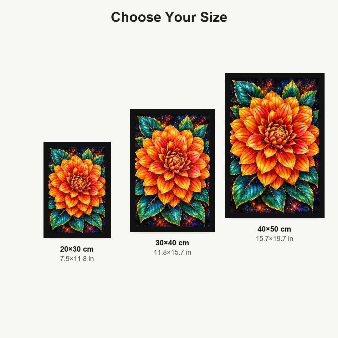 Orange Dahlia Jewel Bloom Diamond Painting Kit — Size guide