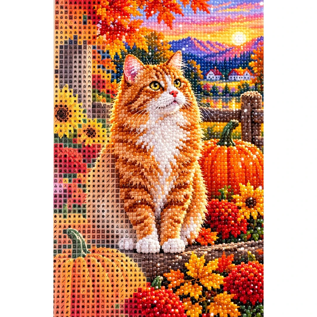 Orange Tabby Autumn Pumpkin Patch Diamond Painting Kit — canvas and drill material detail