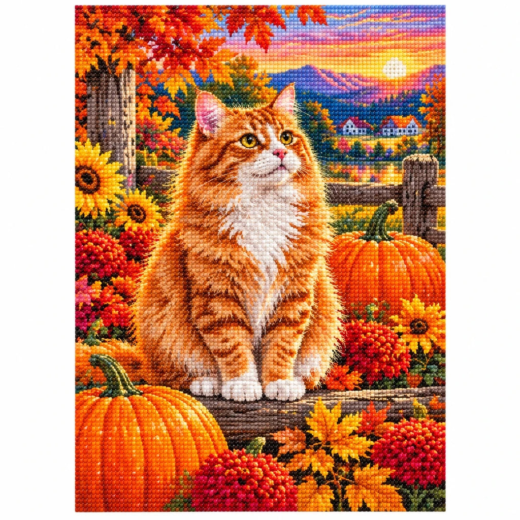 Orange Tabby Autumn Pumpkin Patch Diamond Painting Kit — finished diamond painting on white background