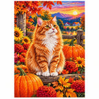 Orange Tabby Autumn Pumpkin Patch Diamond Painting Kit — finished diamond painting on white background