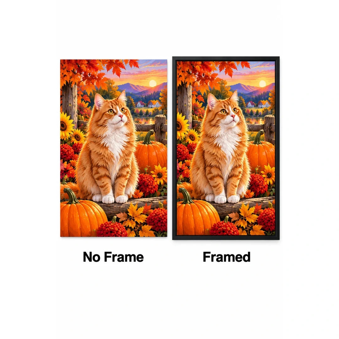 Orange Tabby Autumn Pumpkin Patch Diamond Painting Kit — No Frame and Framed style comparison