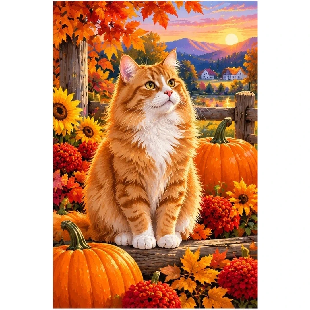 Orange Tabby Autumn Pumpkin Patch Diamond Painting Kit — original white-background artwork