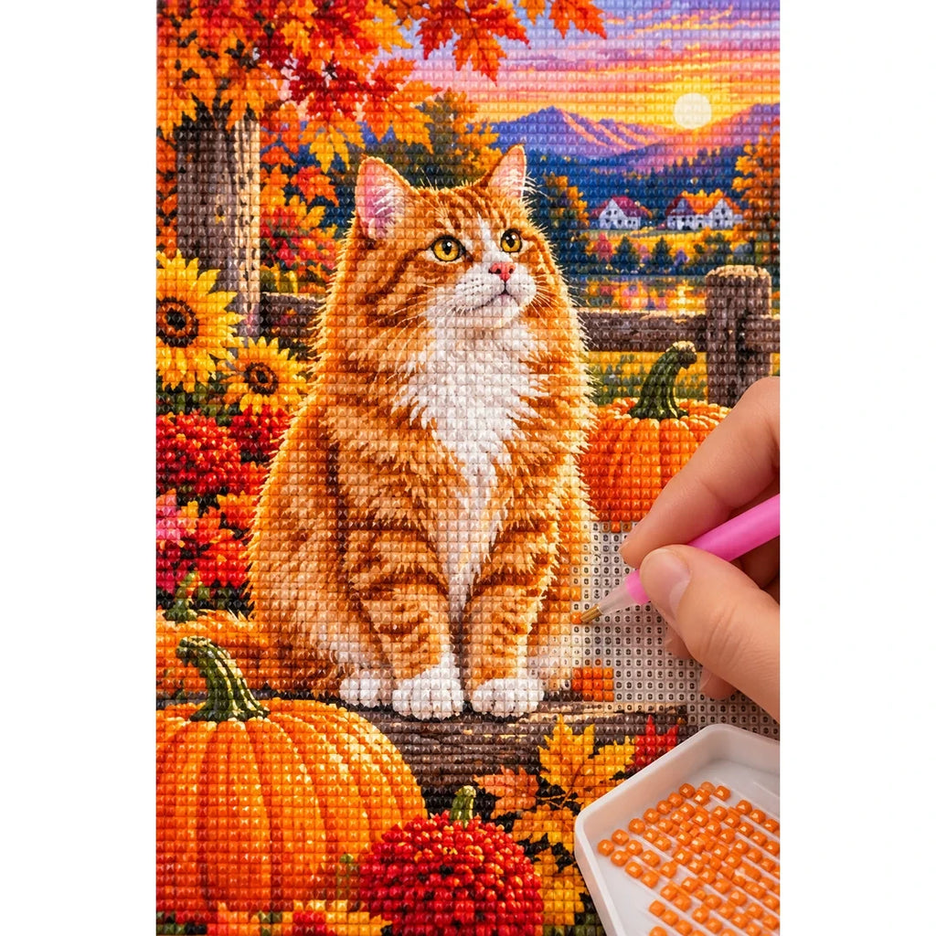 Orange Tabby Autumn Pumpkin Patch Diamond Painting Kit — diamond painting application process