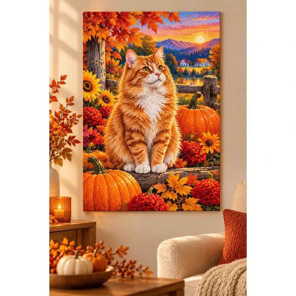 Orange Tabby Autumn Pumpkin Patch Diamond Painting Kit — finished diamond painting in a home setting