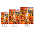 Orange Tabby Autumn Pumpkin Patch Diamond Painting Kit — 20 by 30, 30 by 40, and 40 by 50 centimeter size guide