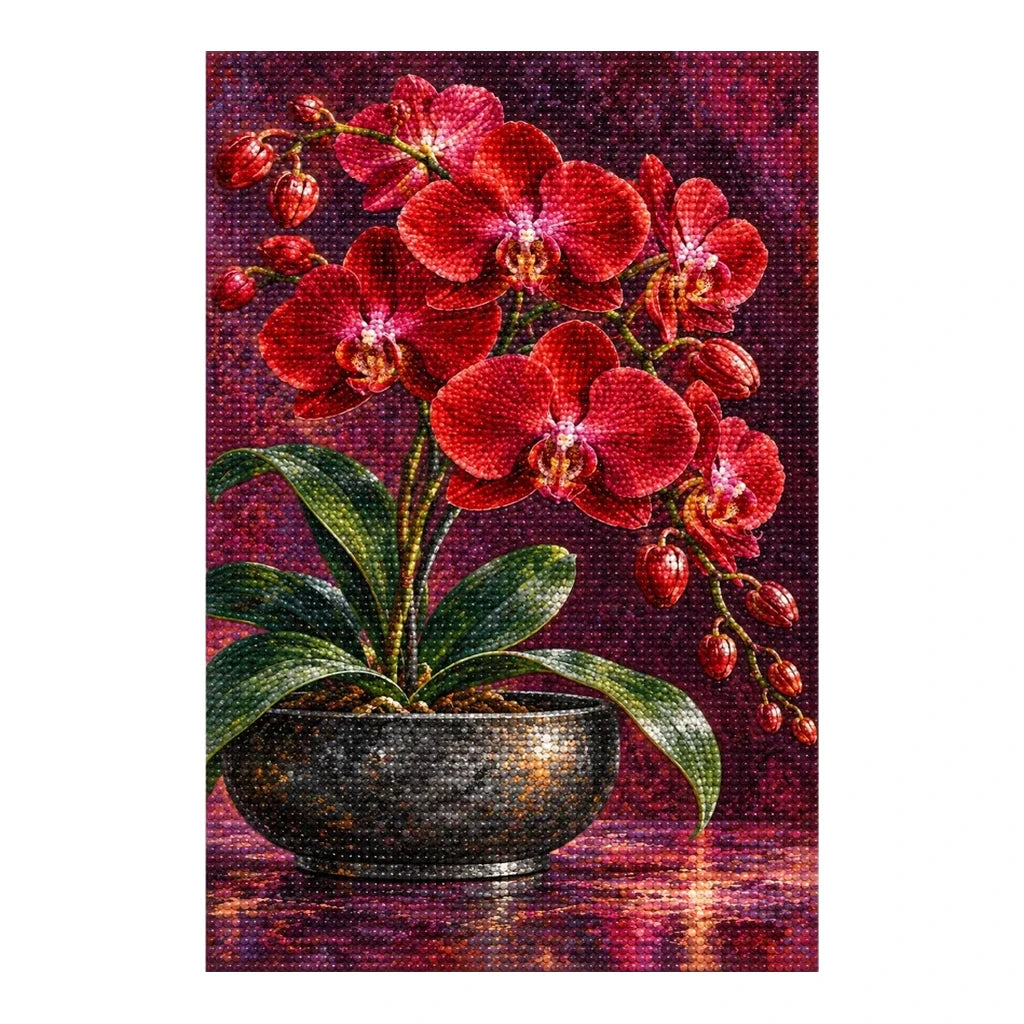 Deep red orchids against a dark velvet background: finished diamond painting on a white background