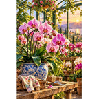 Orchid Greenhouse Golden Hour — original artwork on a clean white background