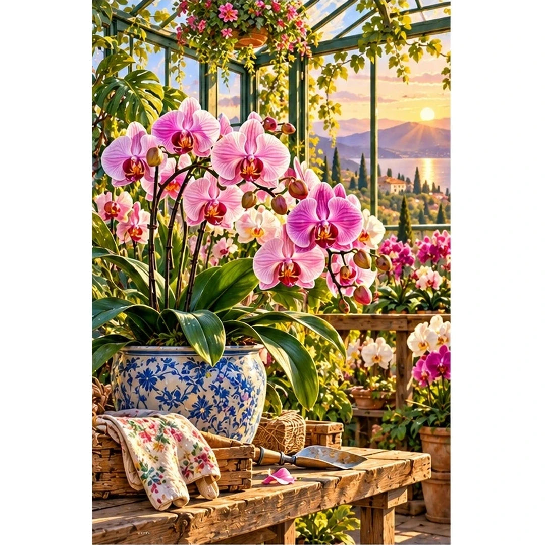 Orchid Greenhouse Golden Hour — original artwork on a clean white background